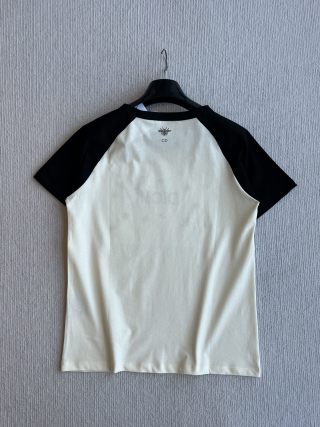 CD Rhinestone Embroidered Short-sleeved T-shirt Black and Beige Cotton