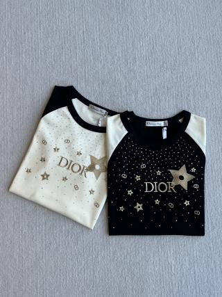 CD Rhinestone Embroidered Short-sleeved T-shirt Black and Beige Cotton