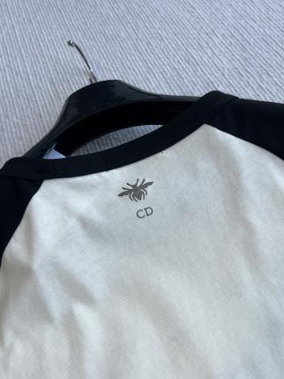 CD Rhinestone Embroidered Short-sleeved T-shirt Black and Beige Cotton