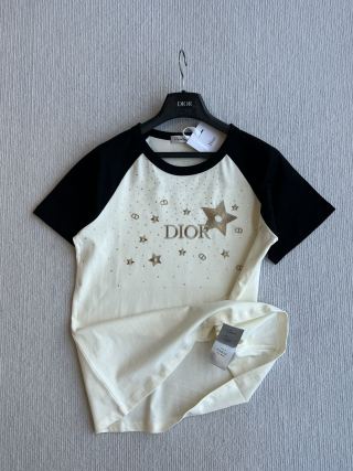 CD Rhinestone Embroidered Short-sleeved T-shirt Black and Beige Cotton