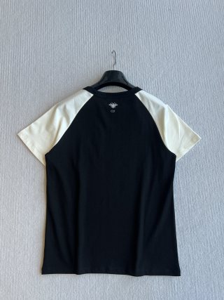 CD Rhinestone Embroidered Short-sleeved T-shirt Black and Beige Cotton