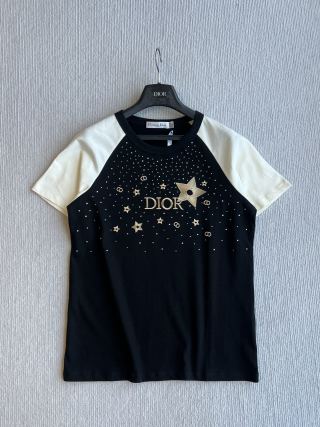 CD Rhinestone Embroidered Short-sleeved T-shirt Black and Beige Cotton