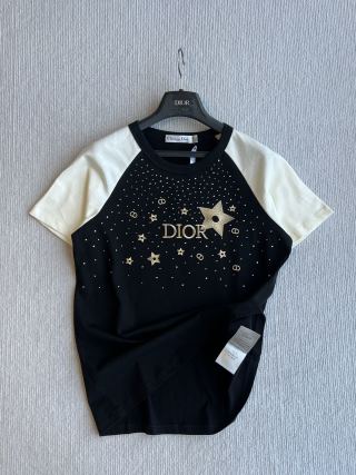 CD Rhinestone Embroidered Short-sleeved T-shirt Black and Beige Cotton