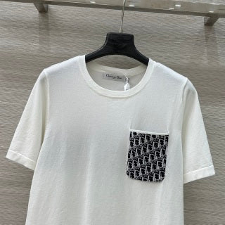 CD 25 Knitted Short-sleeved Top Blue and White Cotton