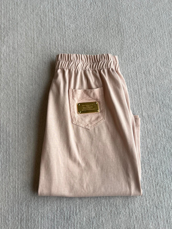 LV 25 Monogram Pocket Patch Iron Elastic Waist Set Light Pink Cotton