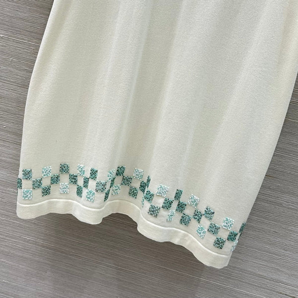 LV 25 Plaid Beading Embroidered Letters Casual T-Shirt White Beige Cotton