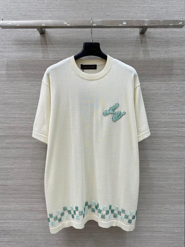 LV 25 Plaid Beading Embroidered Letters Casual T-Shirt White Beige Cotton