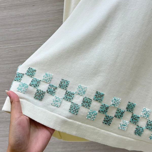 LV 25 Plaid Beading Embroidered Letters Casual T-Shirt White Beige Cotton