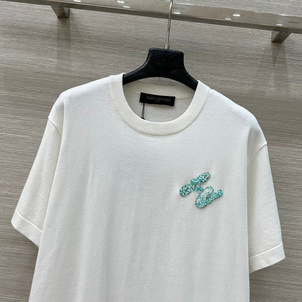 LV 25 Plaid Beading Embroidered Letters Casual T-Shirt White Beige Cotton