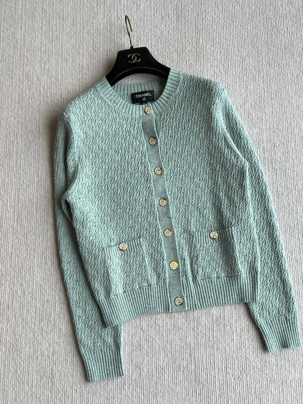 CC 25A Classic Round Neck Floral Wool Cardigan In Turquoise 275514