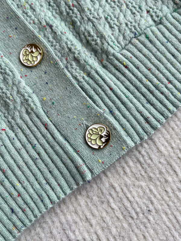 CC 25A Classic Round Neck Floral Wool Cardigan In Turquoise 275514