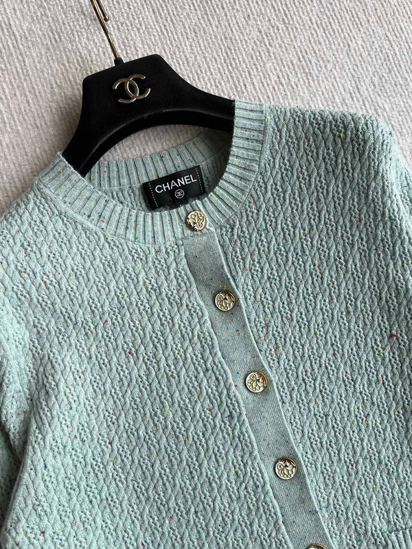 CC 25A Classic Round Neck Floral Wool Cardigan In Turquoise 275514