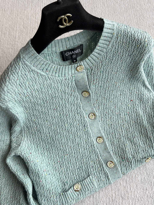 CC 25A Classic Round Neck Floral Wool Cardigan In Turquoise 275514