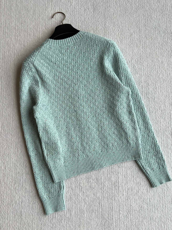 CC 25A Classic Round Neck Floral Wool Cardigan In Turquoise 275514