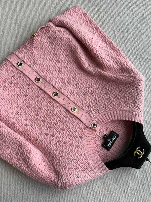 CC 25A Classic Round Neck Floral Wool Cardigan In Pink 275515