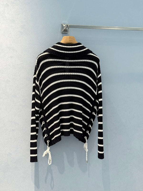 CD 25 Striped Knitted Long-sleeved Top Black Cotton