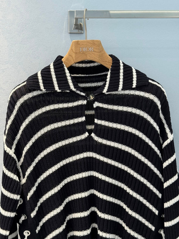 CD 25 Striped Knitted Long-sleeved Top Black Cotton