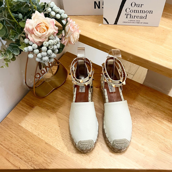 Valentino Rockstud Espadrille Sandals White Leather 240597