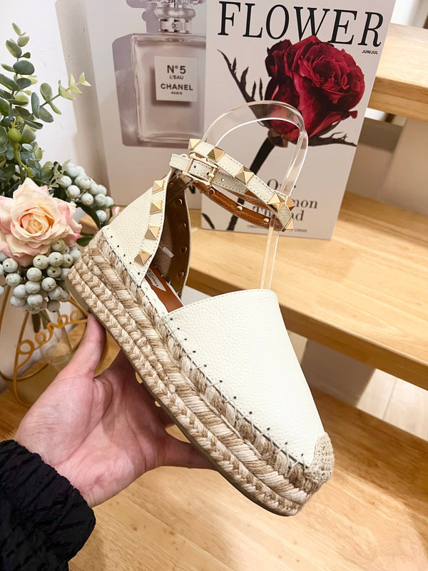 Valentino Rockstud Espadrille Sandals White Leather 240597