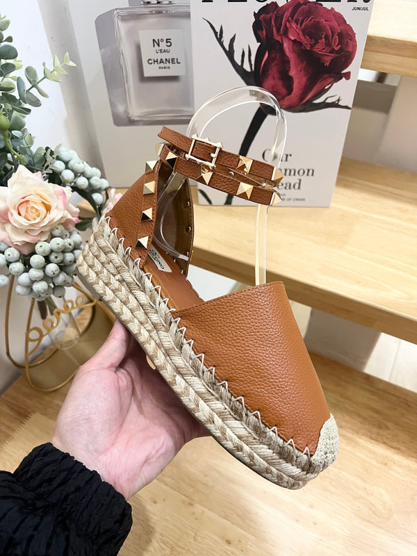 Valentino Rockstud Espadrille Sandals Brown Leather 240599
