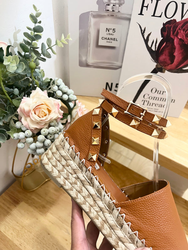 Valentino Rockstud Espadrille Sandals Brown Leather 240599