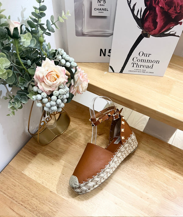 Valentino Rockstud Espadrille Sandals Brown Leather 240599