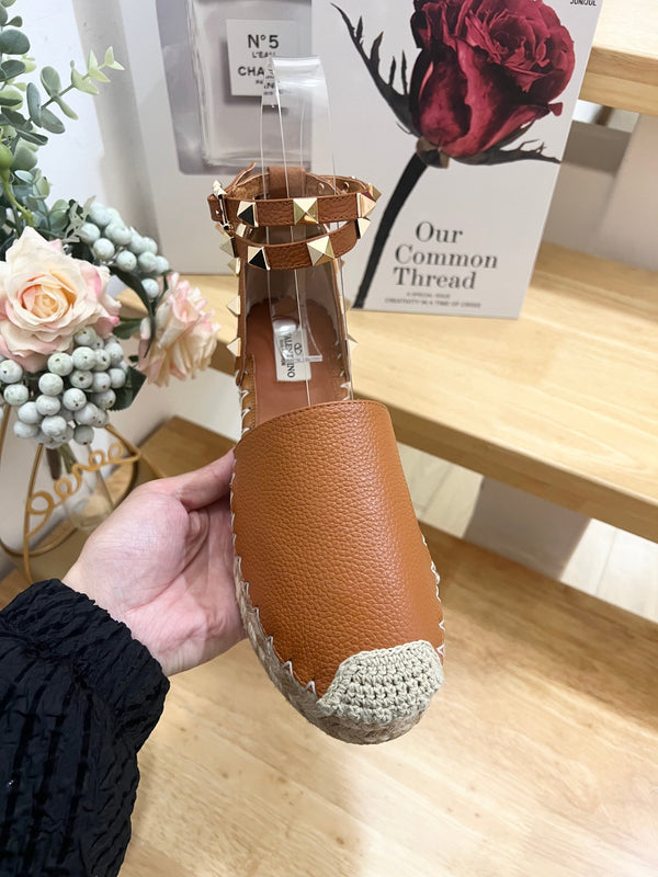 Valentino Rockstud Espadrille Sandals Brown Leather 240599