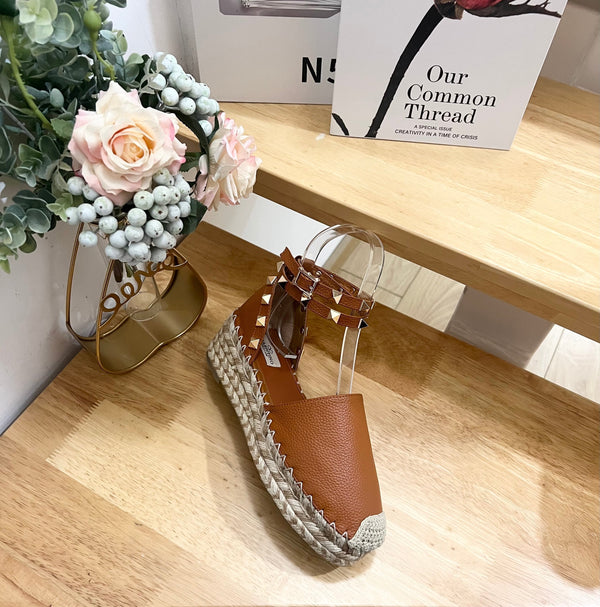 Valentino Rockstud Espadrille Sandals Brown Leather 240599