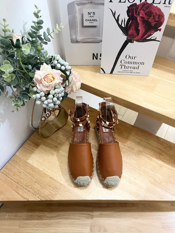Valentino Rockstud Espadrille Sandals Brown Leather 240599