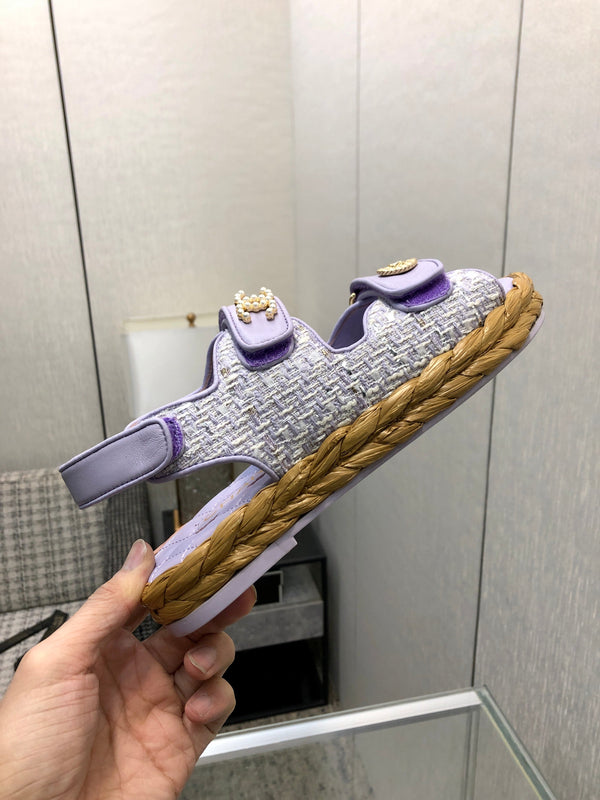 VELCRO SANDALS IN PALE PURPLE LAMBSKIN AND TWEED FABRIC