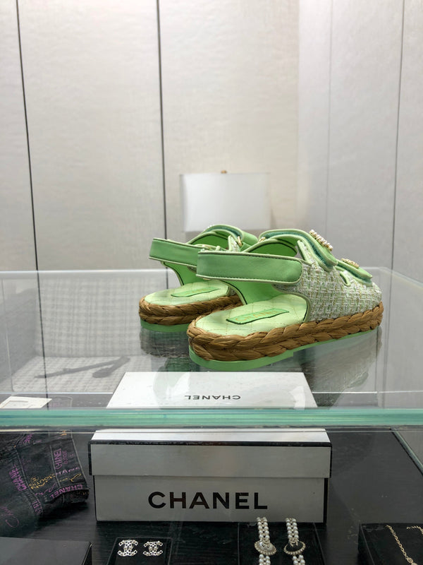 VELCRO SANDALS IN GREEN PASTEL LAMBSKIN AND TWEED FABRIC