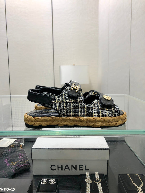 VELCRO SANDALS IN BLACK LAMBSKIN AND TWEED FABRIC