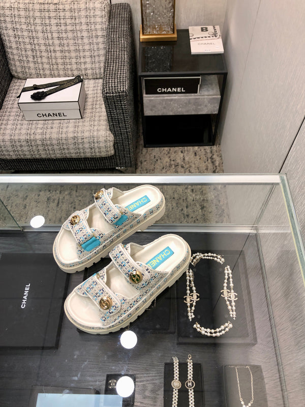 DAD SANDAL MULE IN WHITE MIX LIGHT BLUE TWEED FABRIC