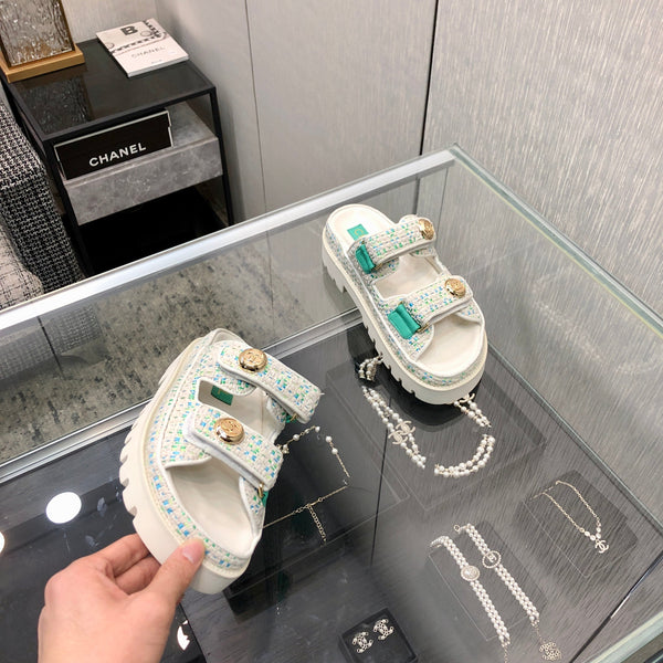 DAD SANDAL MULE IN WHITE MIX PERSIAN GREEN TWEED FABRIC