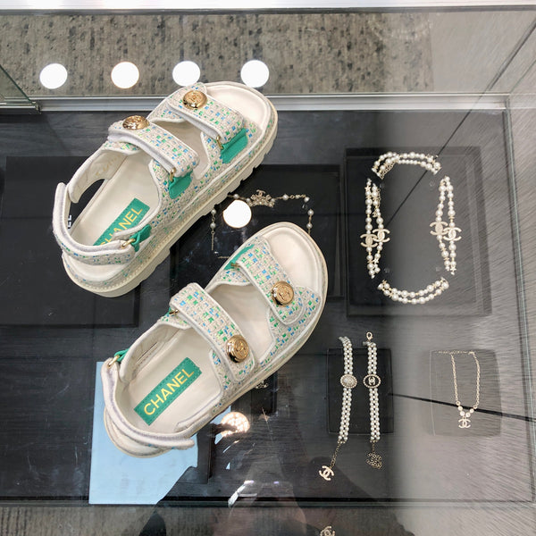 DAD SANDAL IN WHITE MIX PERSIAN GREEN TWEED FABRIC