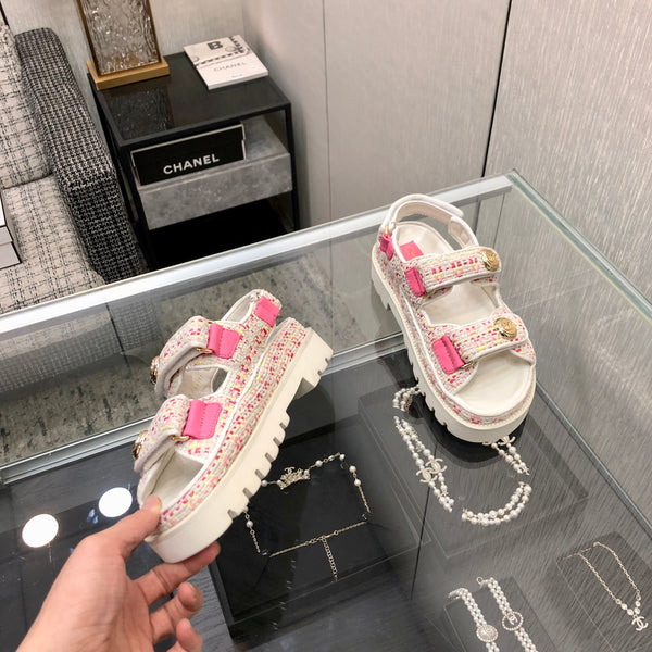 DAD SANDAL IN WHITE MIX BRIGHT PINK TWEED FABRIC