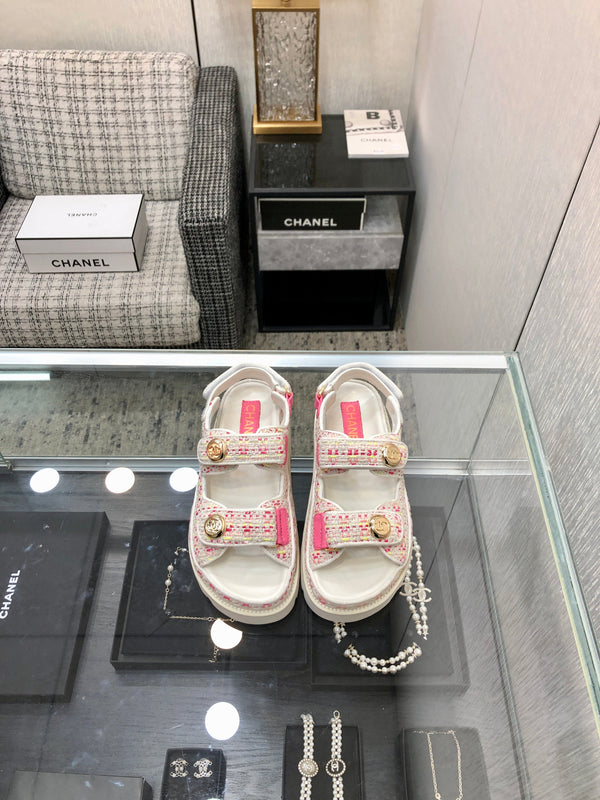 DAD SANDAL IN WHITE MIX BRIGHT PINK TWEED FABRIC