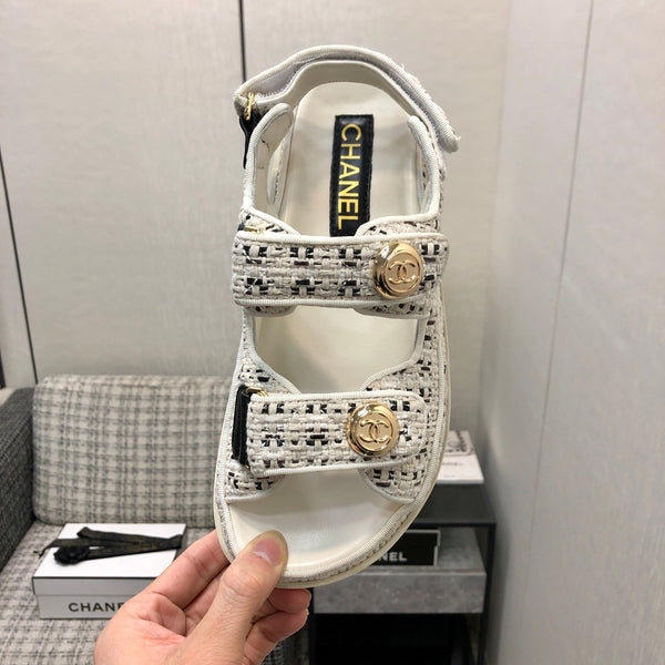 DAD SANDAL IN WHITE MIX BLACK TWEED FABRIC