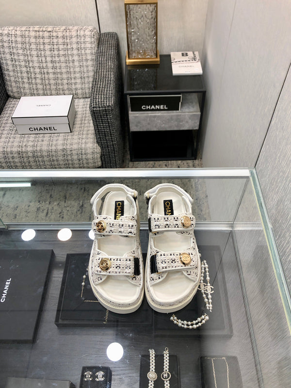 DAD SANDAL IN WHITE MIX BLACK TWEED FABRIC