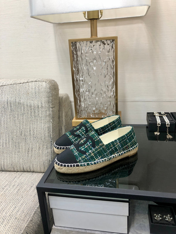 ESPADRILLE FOREST GREEN TWEED FABRIC AND BLACK CALFSKIN FLATS