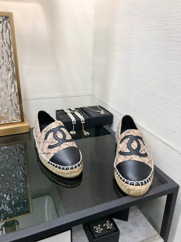 ESPADRILLE CAMEL BEIGE TWEED FABRIC AND BLACK CALFSKIN FLATS