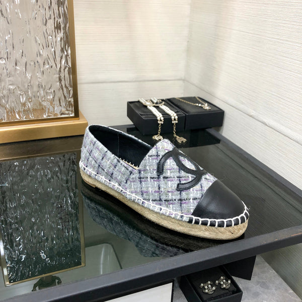 ESPADRILLE COLORFUL TWEED FABRIC AND BLACK CALFSKIN FLATS