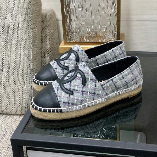 ESPADRILLE COLORFUL TWEED FABRIC AND BLACK CALFSKIN FLATS