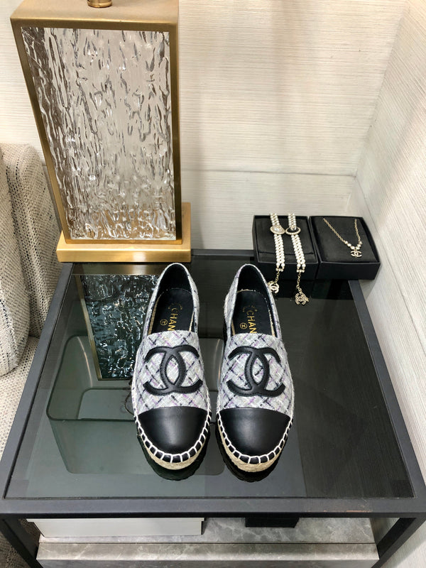 ESPADRILLE COLORFUL TWEED FABRIC AND BLACK CALFSKIN FLATS