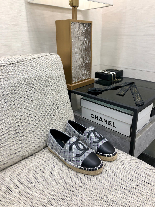 ESPADRILLE COLORFUL TWEED FABRIC AND BLACK CALFSKIN FLATS