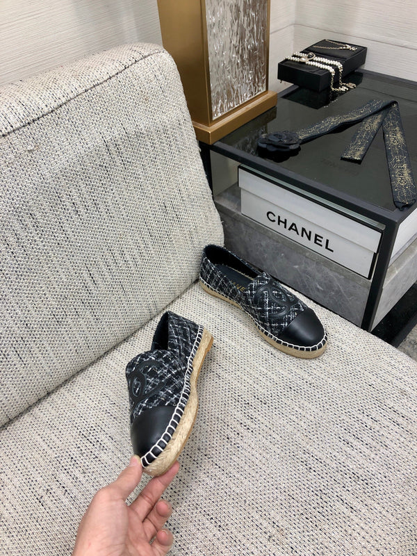 ESPADRILLE BLACK MIX WHITE TWEED FABRIC AND CALFSKIN FLATS