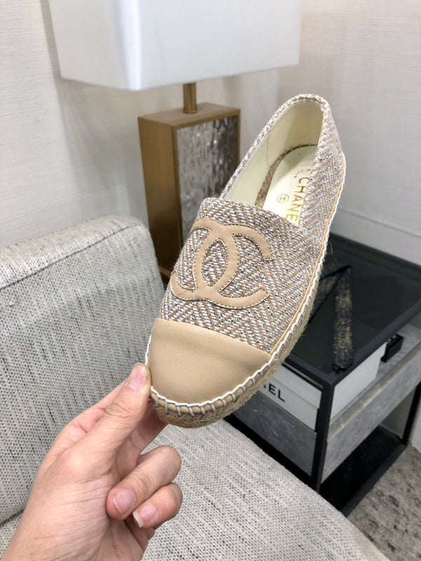 ESPADRILLE BISQUE BEIGE TWEED FABRIC AND CALFSKIN FLATS