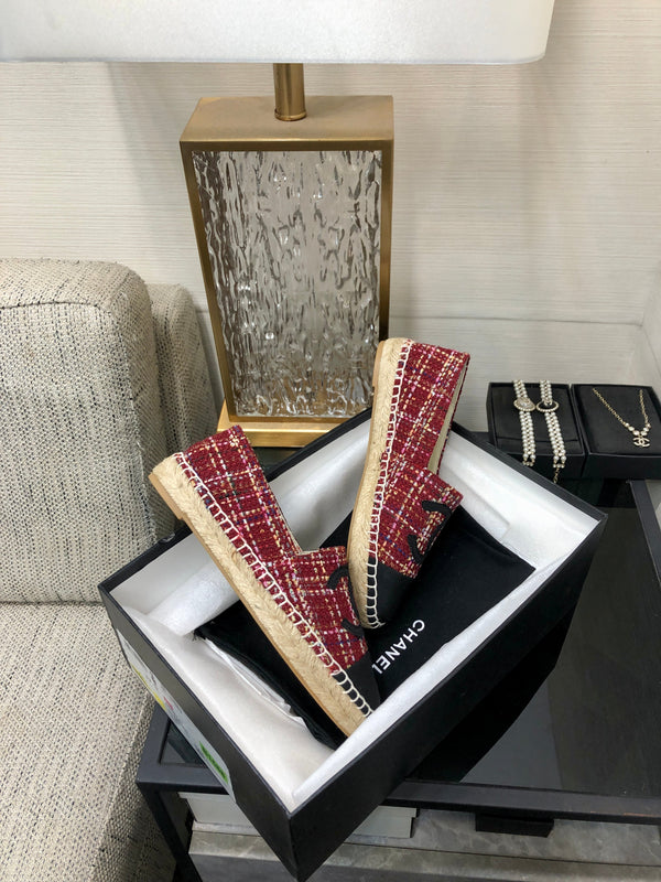 ESPADRILLE BLACK MIX CRIMSON RED TWEED FABRIC FLATS