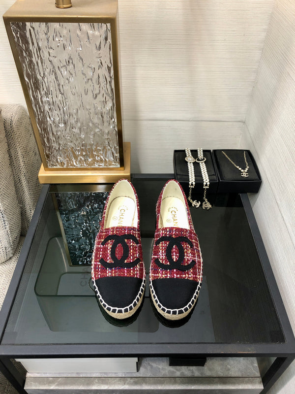 ESPADRILLE BLACK MIX CRIMSON RED TWEED FABRIC FLATS