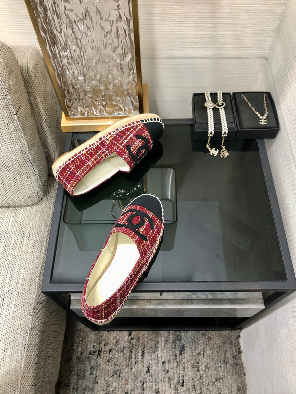 ESPADRILLE BLACK MIX CRIMSON RED TWEED FABRIC FLATS